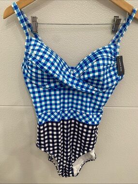 Lands' End Blue and Navy Gingham One-Piece Swim Suit